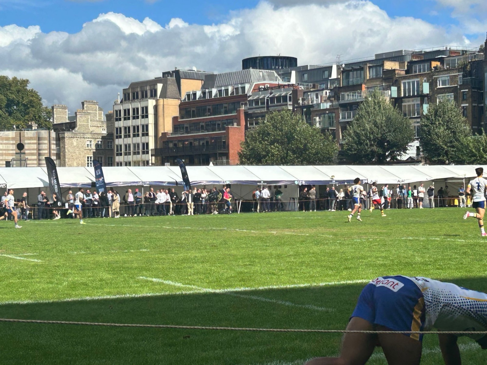 Rugby sevens in the City of London, with hospitality marquees along the touchline