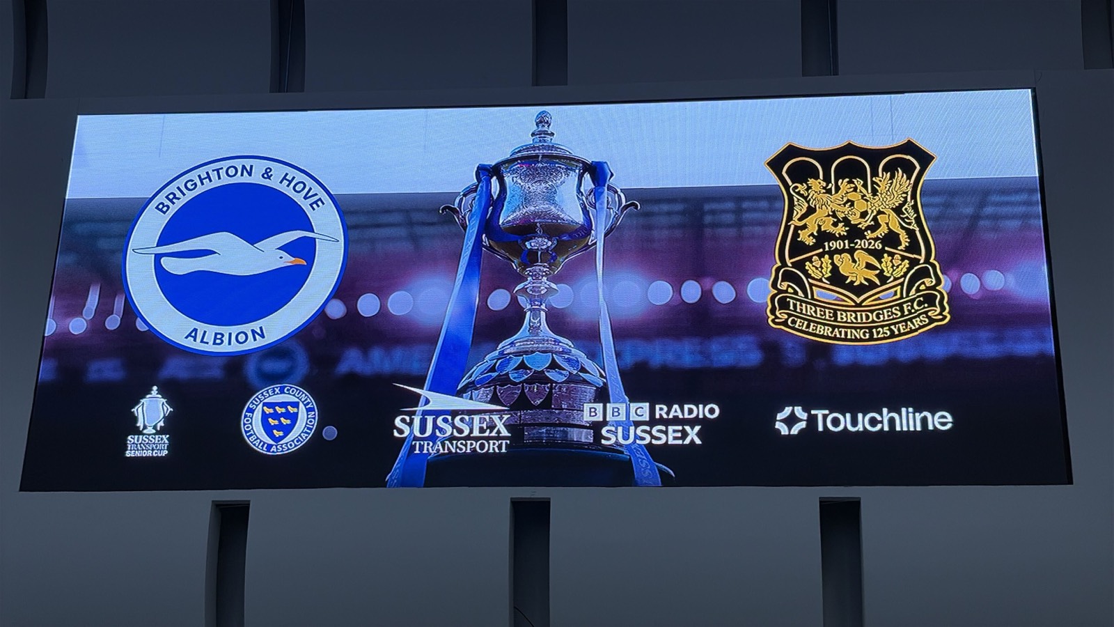 Sussex Senior Cup final graphics on the big screen at the American Express Stadium